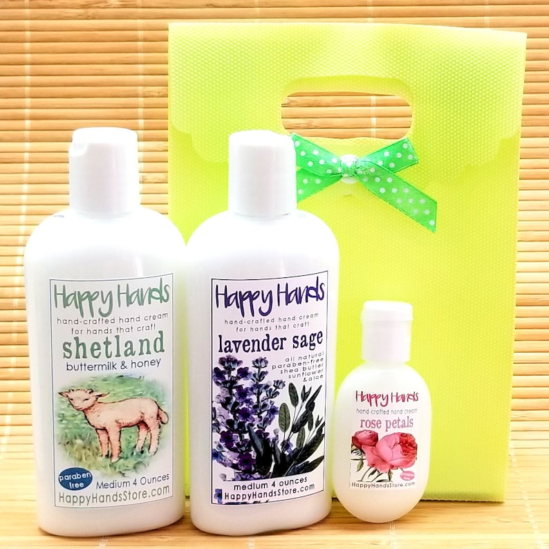 Hand Cream Gift Set Bundle & Save 2 Medium Bottles 1 Tottle Bottle HAPPY HANDS Scented Shea Butter Lotion in Assorted Scents Your Choice image 1