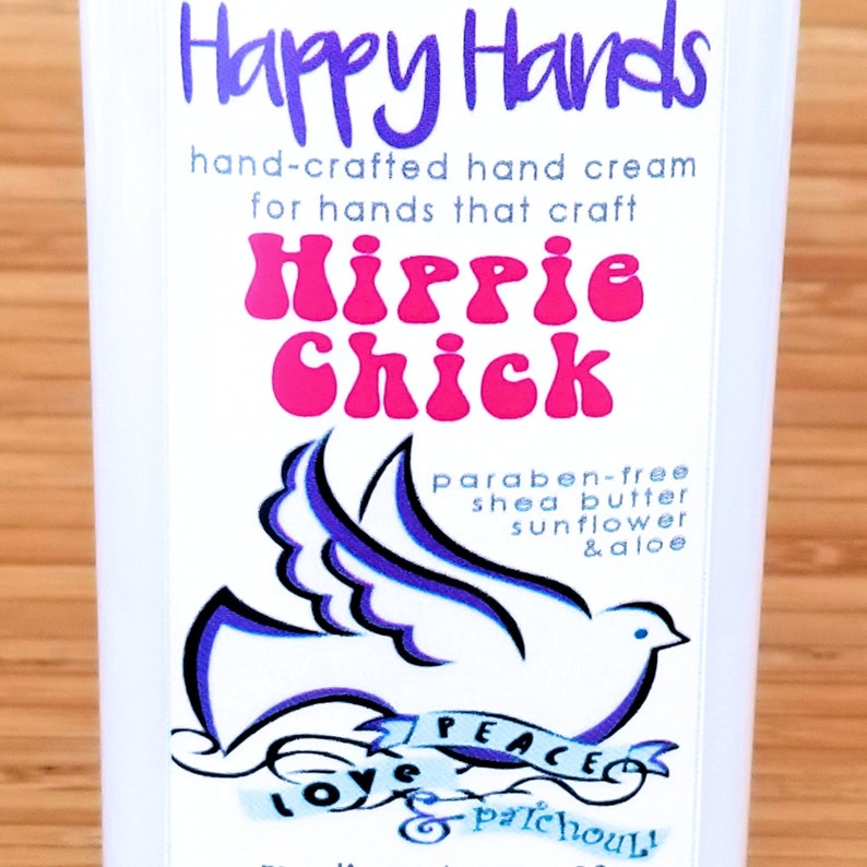 Scented Shea Butter Hand Cream Hippie Chick Patchouli Sandalwood Fragrance Happy Hands Natural Hand Lotion for Knitters & Crafters image 1