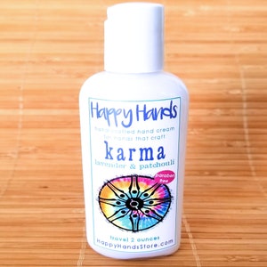Scented Shea Butter Hand Lotion Karma Lavender Patchouli Fragrance Hand Cream for Knitters Happy Hands Knitting Travel 2 Ounces