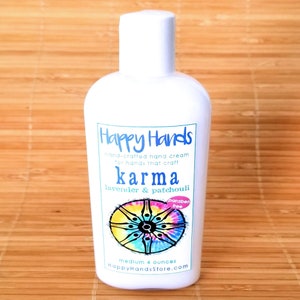 Scented Shea Butter Hand Lotion Karma Lavender Patchouli Fragrance Hand Cream for Knitters Happy Hands Knitting Medium 4 Ounces