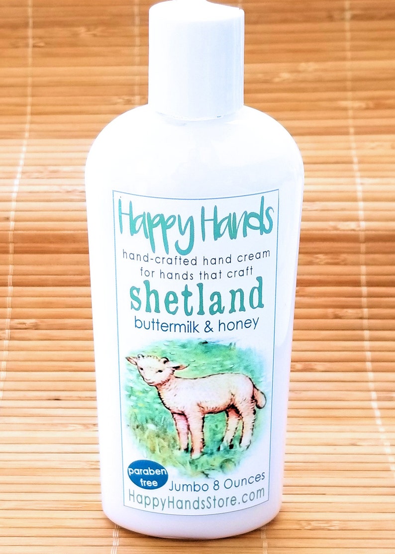 Scented Shea Butter Hand Cream Shetland Buttermilk and Honey Light Fragrance Happy Hands Natural Hand Lotion for Knitters & Crafters Jumbo 8 Ounces