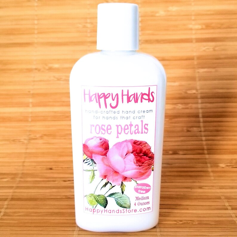 Scented Shea Butter Hand Cream ROSE PETALS Old Fashioned Floral Fragrance Happy Hands Hand Crafted Natural Lotion for Knitters & Crafters Medium 4 Ounces