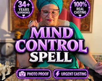 May include: A person wearing a teal headwrap and glasses with red frames, positioned behind a table with parchment. Text overlays include 34+ YEARS EXPERIENCE, 100% REAL CASTING, MIND CONTROL SPELL, PHOTO PROOF, URGENT CASTING, and SPELLS BY MILENA MIRACLES.