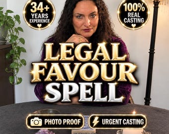 May include: A person with dark curly hair wearing a purple top behind a table with the text LEGAL FAVOUR SPELL. The image includes badges stating 34+ YEARS EXPERIENCE, 100% REAL CASTING, PHOTO PROOF, URGENT CASTING, and the brand name SPELLS BY MILENA MIRACLES.