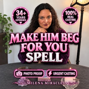 Könnte beinhalten: Eine Person mit dunklem, lockigem Haar in einem violetten Oberteil sitzt an einem Tisch. Text: 34+ YEARS EXPERIENCE, 100% REAL CASTING, MAKE HIM BEG FOR YOU SPELL, PHOTO PROOF, URGENT CASTING, SPELLS BY MILENA MIRACLES. Eine Kerze und ein Kristall liegen bereit.