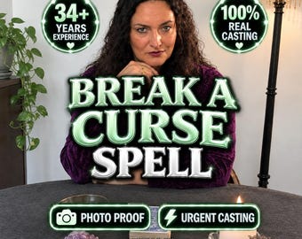 May include: A person with dark hair wearing a purple top sits behind a table with a candle and crystals. Text reads: 34+ YEARS EXPERIENCE, 100% REAL CASTING, BREAK A CURSE SPELL, PHOTO PROOF, URGENT CASTING, and SPELLS BY MILENA MIRACLES in green lettering.