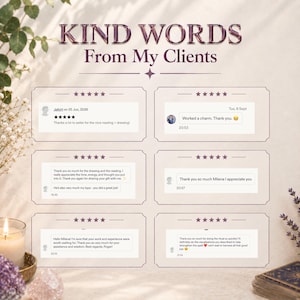 May include: A graphic display titled KIND WORDS From My Clients featuring six white rectangular boxes with five-star ratings and customer reviews. The text includes feedback such as Thanks a lot to seller for the nice reading and drawing.