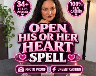 May include: A person with dark curly hair sits behind a table with a white candle, a crystal, and a deck of cards. Text overlays read 34+ YEARS EXPERIENCE, 100% REAL CASTING, OPEN HIS OR HER HEART SPELL, PHOTO PROOF, URGENT CASTING, and SPELLS BY MILENA MIRACLES.