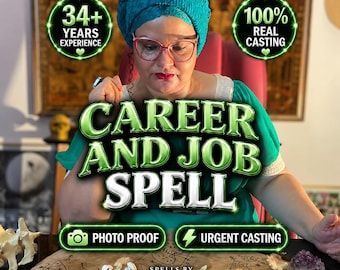 May include: A person wearing a teal headwrap and red-rimmed glasses with text reading CAREER AND JOB SPELL, 34+ YEARS EXPERIENCE, 100% REAL CASTING, PHOTO PROOF, URGENT CASTING, and SPELLS BY MILENA MIRACLES over a table with various small objects.