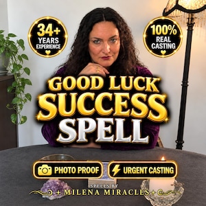 Puede incluir: Una persona de cabello oscuro con una blusa morada detrás de una mesa con el texto Good Luck Success Spell, 34+ Years Experience, 100% Real Casting, Photo Proof, Urgent Casting y Spells by Milena Miracles, con una vela y un cristal.
