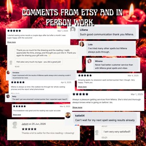 May include: A collage of customer reviews and feedback messages displayed over a dark red background with blurred candle flames. The text reads: COMMENTS FROM ETSY AND IN PERSON WORK, featuring various five-star ratings and testimonials from users.