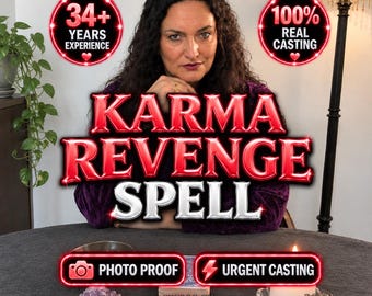 May include: A person with dark hair wearing a purple top sits behind a table. Text reads: 34+ YEARS EXPERIENCE, 100% REAL CASTING, KARMA REVENGE SPELL, PHOTO PROOF, URGENT CASTING, SPELLS BY MILENA MIRACLES. A candle and a crystal cluster are on the table.