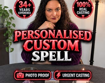 May include: A person with dark curly hair wearing a purple top behind a table with text that reads PERSONALISED CUSTOM SPELL, 34+ YEARS EXPERIENCE, 100% REAL CASTING, PHOTO PROOF, URGENT CASTING, and SPELLS BY MILENA MIRACLES with a candle and crystal.