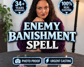 May include: A person with dark curly hair wearing a purple velvet top sits behind a table. Text reads: 34+ YEARS EXPERIENCE, 100% REAL CASTING, ENEMY BANISHMENT SPELL, PHOTO PROOF, URGENT CASTING, SPELLS BY MILENA MIRACLES. An amethyst cluster and candle are present.