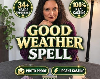 May include: A person with dark curly hair wearing a purple top behind text that reads Good Weather Spell, 34+ Years Experience, 100% Real Casting, Photo Proof, Urgent Casting, and Spells by Milena Miracles, with a crystal and candle.