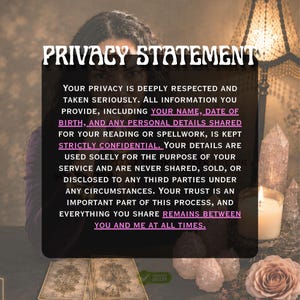 May include: A black rectangular sign with white text titled PRIVACY STATEMENT. The text outlines that personal information, including name and date of birth, is kept strictly confidential and never shared, sold, or disclosed to third parties.