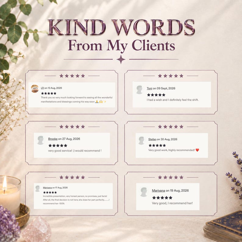 May include: A graphic display titled KIND WORDS From My Clients featuring six five-star customer reviews. Each review box includes a user name, date, and text. The layout is decorated with botanical elements, a candle, and crystals.