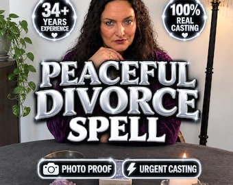 May include: A person with dark curly hair wearing a purple top sits behind a table. Text reads: 34+ YEARS EXPERIENCE, 100% REAL CASTING, PEACEFUL DIVORCE SPELL, PHOTO PROOF, URGENT CASTING, SPELLS BY MILENA MIRACLES. A candle and crystal are on the table.