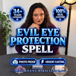 May include: A person with dark curly hair sits behind a table with text that reads EVIL EYE PROTECTION SPELL, 34+ YEARS EXPERIENCE, 100% REAL CASTING, PHOTO PROOF, URGENT CASTING, and SPELLS BY MILENA MIRACLES. An amethyst cluster and a white candle are present.