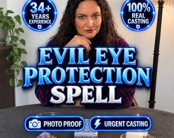 May include: A person with dark curly hair sits behind a table with text that reads EVIL EYE PROTECTION SPELL, 34+ YEARS EXPERIENCE, 100% REAL CASTING, PHOTO PROOF, URGENT CASTING, and SPELLS BY MILENA MIRACLES. An amethyst cluster and a white candle are present.