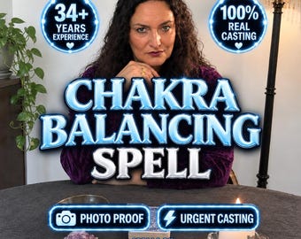 May include: A digital graphic featuring the text CHAKRA BALANCING SPELL, 34+ YEARS EXPERIENCE, 100% REAL CASTING, PHOTO PROOF, URGENT CASTING, and SPELLS BY MILENA MIRACLES. A person with dark hair in a purple jumper sits behind a table with a candle.