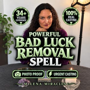 May include: A person with long dark hair wearing a purple top behind a table. Text reads: 34+ YEARS EXPERIENCE, 100% REAL CASTING, POWERFUL BAD LUCK REMOVAL SPELL, PHOTO PROOF, URGENT CASTING, SPELLS BY MILENA MIRACLES. A candle and crystal are on the table.