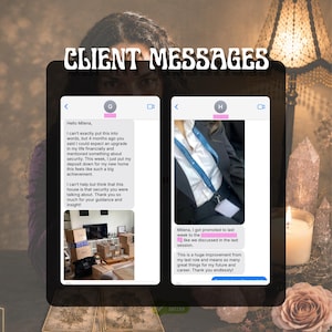 May include: A digital display titled CLIENT MESSAGES showing two chat threads. The left thread contains text about a new home and a photo of cardboard moving boxes. The right thread shows text about a job promotion and a photo of a person wearing a lanyard.
