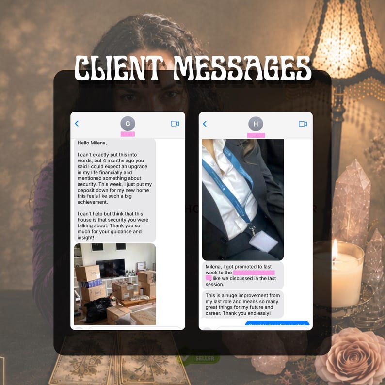 May include: A digital display titled CLIENT MESSAGES showing two chat threads. The left thread contains text about a new home and a photo of cardboard moving boxes. The right thread shows text about a job promotion and a photo of a person wearing a lanyard.