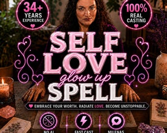 May include: A digital graphic featuring the text SELF LOVE glow up SPELL with pink neon accents. It includes badges stating 34+ YEARS EXPERIENCE, 100% REAL CASTING, NO AI, FAST CAST AVAILABLE, and MILENAS ADVICE. The text EMBRACE YOUR WORTH. RADIATE LOVE. BECOME UNSTOPPABLE is centred below.