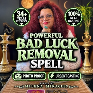 May include: A person with red hair and glasses sits behind a table with two gold chess pieces. Text reads: 34+ YEARS EXPERIENCE, 100% REAL CASTING, POWERFUL BAD LUCK REMOVAL SPELL, PHOTO PROOF, URGENT CASTING, and SPELLS BY MILENA MIRACLES.