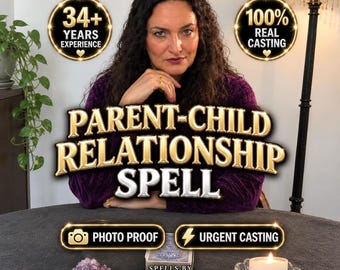 May include: A digital graphic featuring a person in a purple top with text reading PARENT-CHILD RELATIONSHIP SPELL, 34+ YEARS EXPERIENCE, 100% REAL CASTING, PHOTO PROOF, URGENT CASTING, and SPELLS BY MILENA MIRACLES, with an amethyst and a candle.