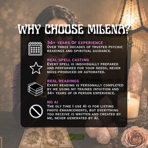 May include: A dark informational graphic titled WHY CHOOSE MILENA? listing services including 34+ years of experience, real spell casting, real readings, and no AI usage. The text is presented with white icons against a black background overlay.