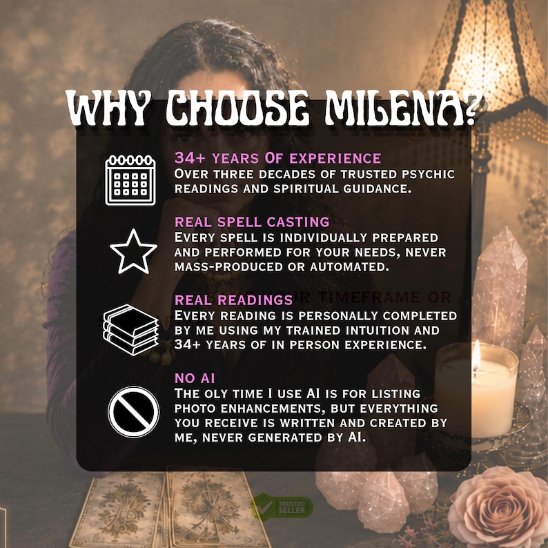 May include: A dark informational graphic titled WHY CHOOSE MILENA? listing services including 34+ years of experience, real spell casting, real readings, and no AI usage. The text is presented with white icons against a black background overlay.