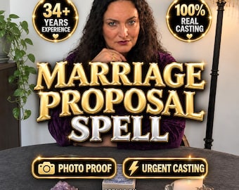 May include: A digital graphic featuring the text MARRIAGE PROPOSAL SPELL in gold and silver lettering. It includes badges stating 34+ YEARS EXPERIENCE, 100% REAL CASTING, PHOTO PROOF, and URGENT CASTING. The text SPELLS BY MILENA MIRACLES is at the bottom.