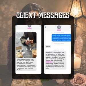May include: A digital display titled CLIENT MESSAGES showing two mobile phone text conversation screenshots. The left image shows a photo of food and a message thanking Milena for a spell. The right image shows a message about reaching a savings goal.