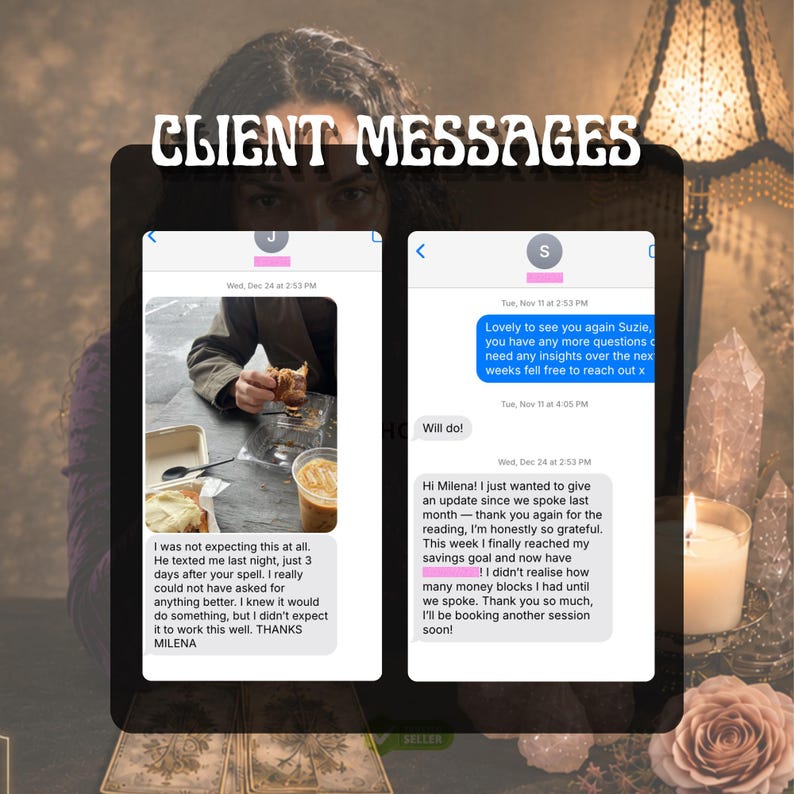 May include: A digital display titled CLIENT MESSAGES showing two mobile phone text conversation screenshots. The left image shows a photo of food and a message thanking Milena for a spell. The right image shows a message about reaching a savings goal.