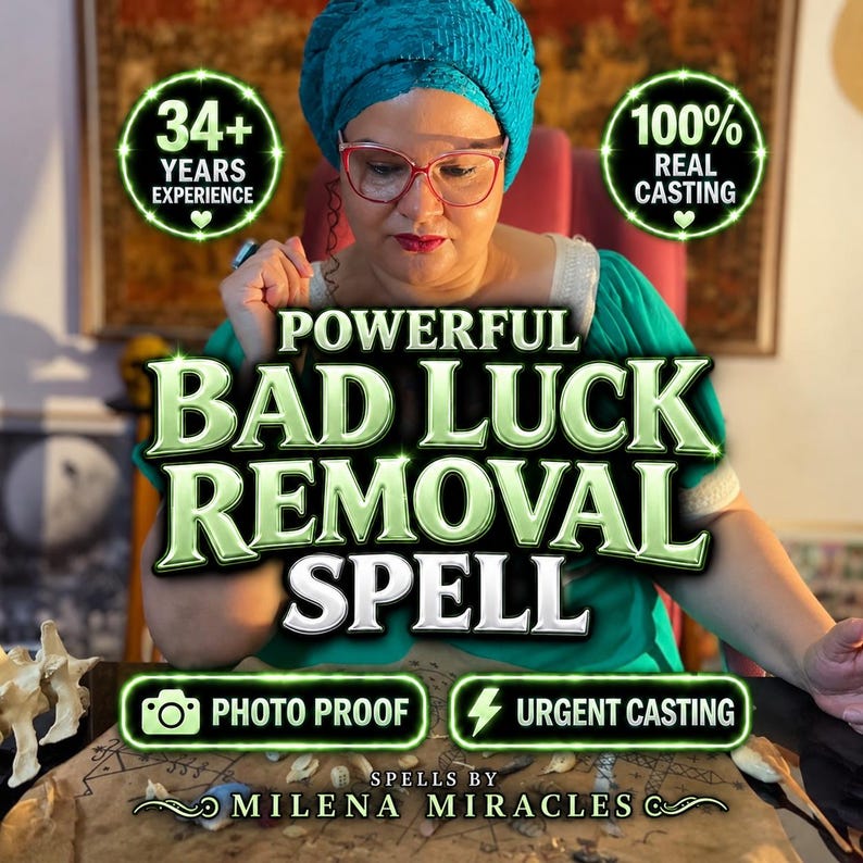 May include: A person wearing a teal headwrap and red-rimmed glasses with text overlays reading 34+ YEARS EXPERIENCE, 100% REAL CASTING, POWERFUL BAD LUCK REMOVAL SPELL, PHOTO PROOF, URGENT CASTING, and SPELLS BY MILENA MIRACLES on a parchment surface.