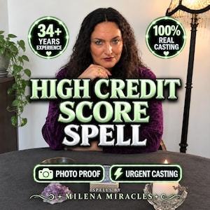 May include: A person with dark curly hair wearing a purple top sits behind a table. Text reads: 34+ YEARS EXPERIENCE, 100% REAL CASTING, HIGH CREDIT SCORE SPELL, PHOTO PROOF, URGENT CASTING, SPELLS BY MILENA MIRACLES. A candle and crystal are on the table.