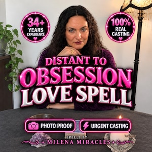 Peut inclure: Un graphique numérique avec le texte Distant to Obsession Love Spell, 34+ Years Experience, 100% Real Casting, Photo Proof, Urgent Casting et Spells by Milena Miracles. Le design comprend des badges circulaires et des lettres en néon rose.