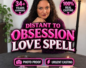 May include: A digital graphic featuring the text Distant to Obsession Love Spell, 34+ Years Experience, 100% Real Casting, Photo Proof, Urgent Casting, and Spells by Milena Miracles. The design includes pink neon-style circular badges and lettering.