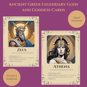 Griechische Mythologie Gottheit Karten | 20 Götter & Göttinnen | Einzigartige Power Noten, besondere Fähigkeiten und mythische Symbole | Lehrreiche Fun Karten