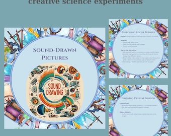 May include: A set of 7 illustrated cards with instructions for creative science experiments. The cards feature a blue background with watercolor illustrations of scientific equipment and a title for each experiment. The titles are "Sound-Drawn Pictures", "Exploding Color Bubbles", and "Growing Crystal Garden".