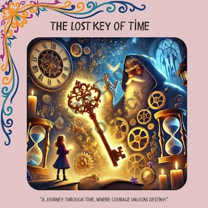 Puede incluir: Una ilustración de fantasía que representa una llave dorada con detalles intrincados, rodeada de engranajes, relojes de arena y un reloj. Una figura de mago barbudo señala la llave, mientras que una niña sostiene un orbe brillante. El texto "THE LOST KEY OF TIME" y "A JOURNEY THROUGH TIME, WHERE COURAGE UNLOCKS DESTINY!" también está presente.