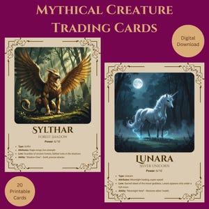 Mythical Creature Trading Cards: 20 Fantasy Art RPG Cards (Instant Download)