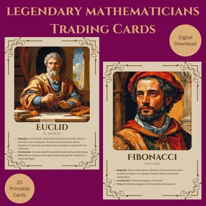 May include: Digital download of trading cards featuring legendary mathematicians. The cards showcase portraits of Euclid and Fibonacci, with biographical details. The cards are designed with a vintage aesthetic and include the text "LEGENDARY MATHEMATICIANS TRADING CARDS".
