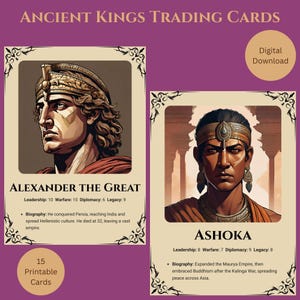 Può includere: Download digitale di carte collezionabili Ancient Kings con Alessandro Magno e Ashoka. Le carte presentano ritratti, statistiche e biografie. Le carte sono in una cornice decorativa con sfondo viola.