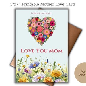 Cartão de Amor de Mãe | Cartão de Dia das Mães para Imprimir com Sentimento | Cartão de Felicitações "Te Amo, Mãe" | Cartão de Aniversário Exclusivo para Mãe | Download Digital