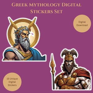 Ensemble d'autocollants numériques de la mythologie grecque | 15 cliparts PNG Dieu et déesse pour agendas, journaux, bonnes notes, scrapbooking | Stickers grecs anciens