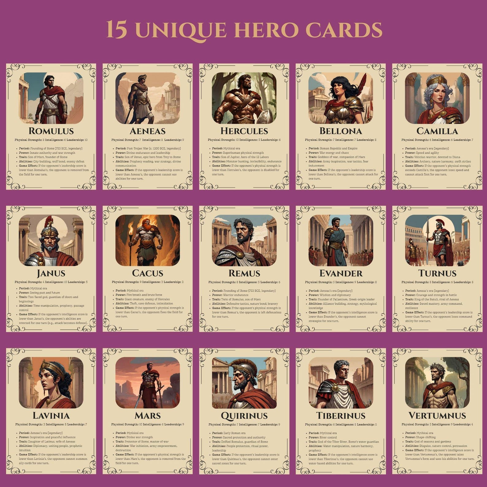 Ancient Roman Mythology Trading Cards | 15 Hero Printable Set ...