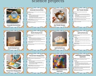 May include: A colorful chart with step-by-step instructions for six creative science projects. The projects include a homemade hovercraft boat, an electric drawing circuit, thermal color-changing slime, a mini thunder simulator, a light-up cloud lamp, and a galaxy bottle cosmic density experiment.